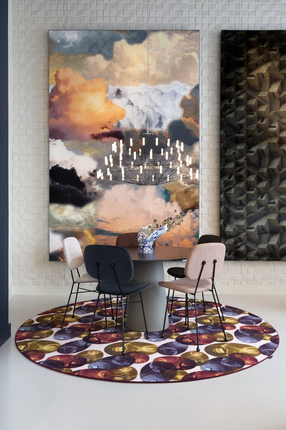 Showroom with Carpet Walking on Clouds, The Golden Chair, Coppelia suspension light and Container Table